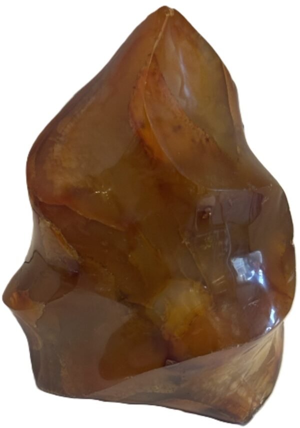Carnelian flame 2 1 sians emporium Hand carved polished carnelian flame sculpture featuring twisting ridges with deep mahogany red burnt orange tones and smoky chalcedony patches isolated on a white background